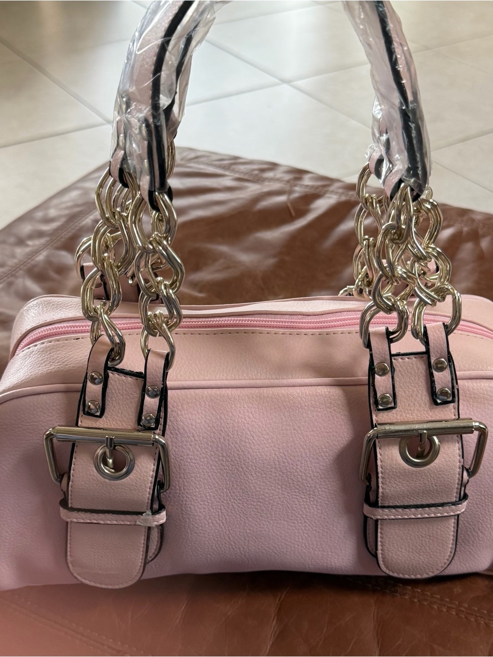 Elegant Pink Shoulder Bag with Chain-Link Handles